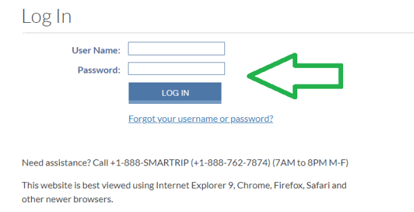 SmarTrip Log In screen