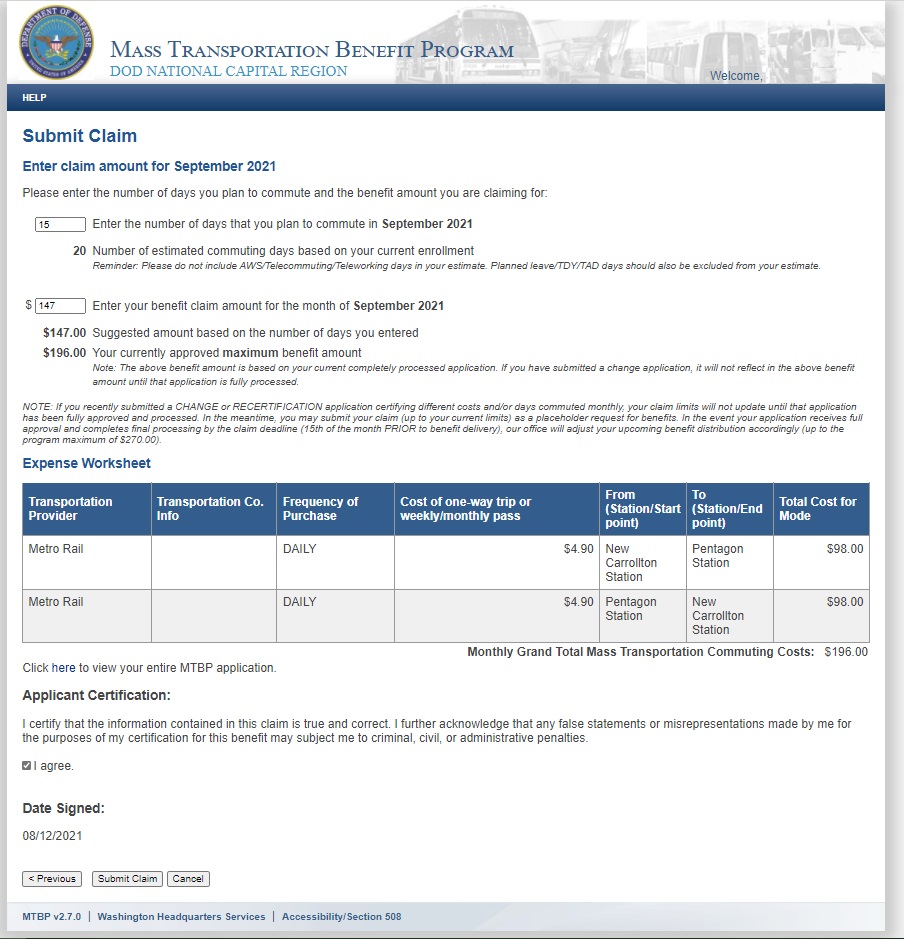 Screenshot of the MTBP Claim Submitted screen.