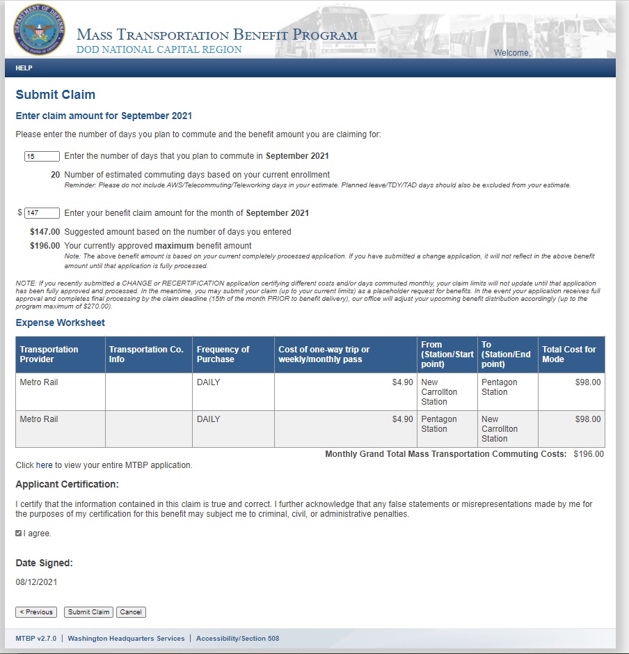Screenshot of the MTBP Claim Submitted screen. Screenshot of the MTBP Claim Submitted screen.