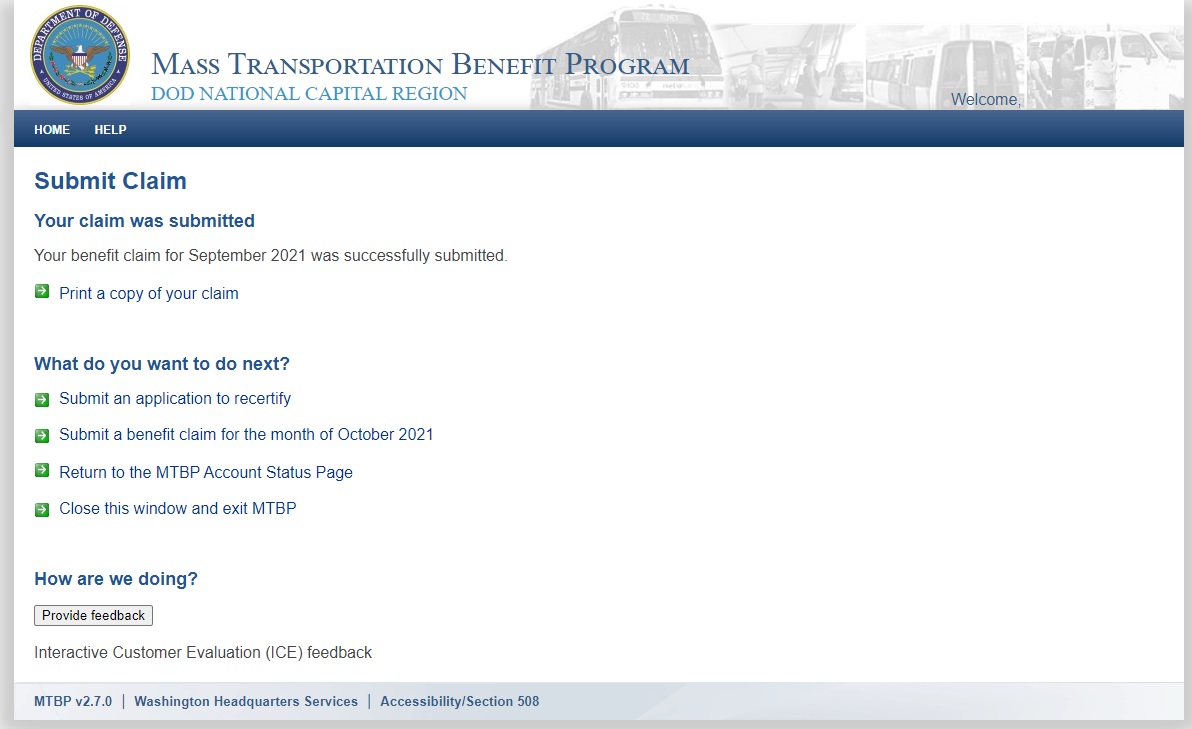 Screenshot of the MTBP Monthly Benefit Claim screen.